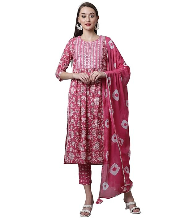 Rajnandini Women's Pure Cotton Jaipuri Printed & Embroidered Kurta Set With Dupatta (JOPLVL279-S_Pink_S)