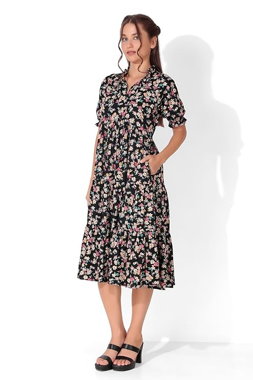 Seryeon® Women's Viscose Tie-up Neck Puff Sleeve A-line, One Piece Midi Dress for Women Stylish Western Printed Dress