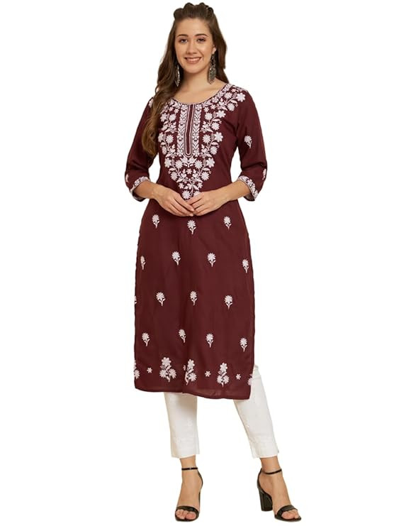 Women's Soft Cotton Slub Floral Embroidered Kurta with Round Neck 3/4 Sleeve Calf Length | Kurti For Women Cotton
