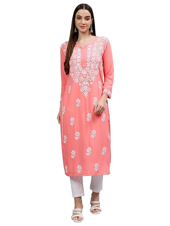 Chikan Hand Embroidered Lucknowi Chikankari Rayon Straight Kurta for Women