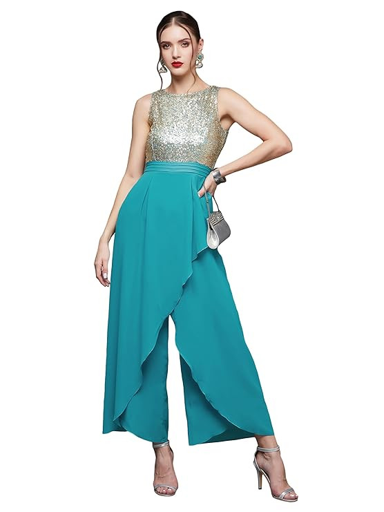 Miss Chase Women's Round Neck Sleeveless Layered Regular Jumpsuit with Pockets