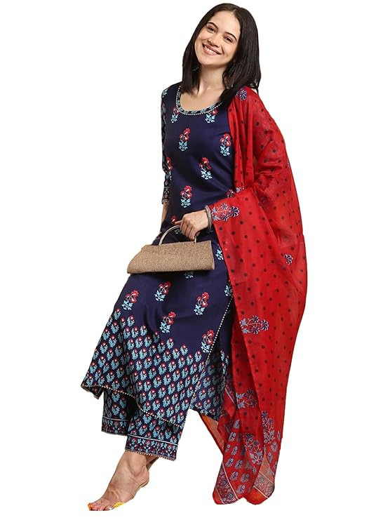 GoSriKi Women's Rayon Blend Straight Printed Kurta with Pant & Dupatta