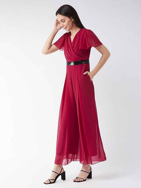 Miss Chase Women's Solid Relaxed Fit Short Sleeve V-Neck Jumpsuit with Pockets