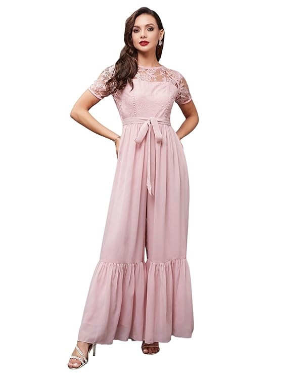 Miss Chase Women's Round Neck Short Sleeve Solid Lace Overlaid Regular Jumpsuit with Pockets