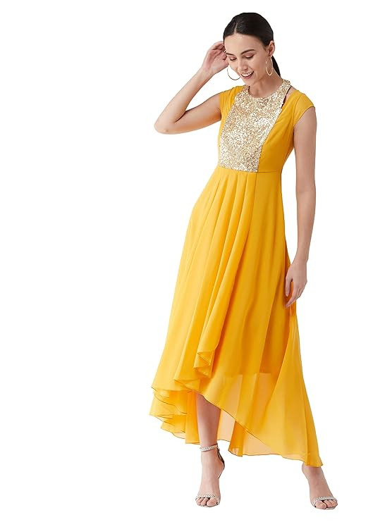 Miss Chase Women's Halter Neck Cap Sleeve Solid Pleated Embellished Georgette Maxi Dress with Pockets