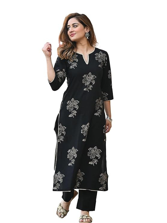 Women's Gold Printed Rayon Black Kurta Set with Ethnic Palazzo Pants