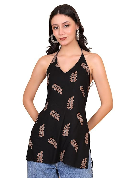 Women Viscose Rayon Ethnic Motifs Printed Sleeveless Kurti with V-Neck Black Ideal Gift for Girls
