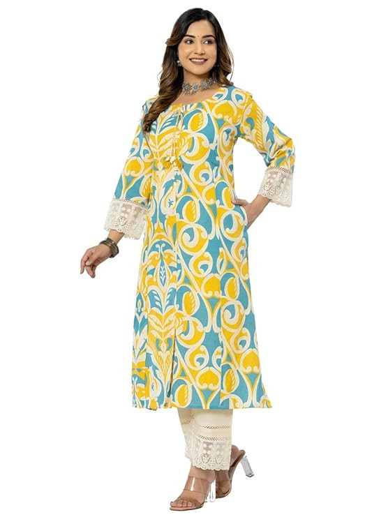 rytras Women's Cotton Printed A-Line Kurta with Pant Set