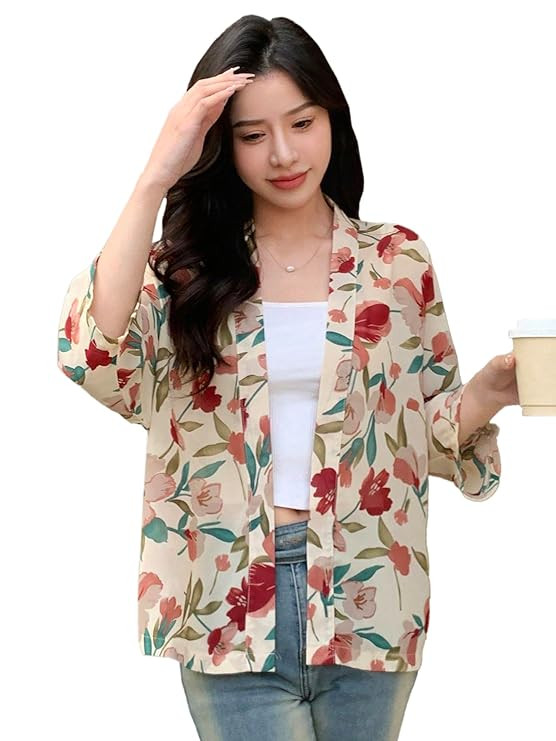 TOPLOT Women's Front Open Floral Printed Shrug Top Regular Fit