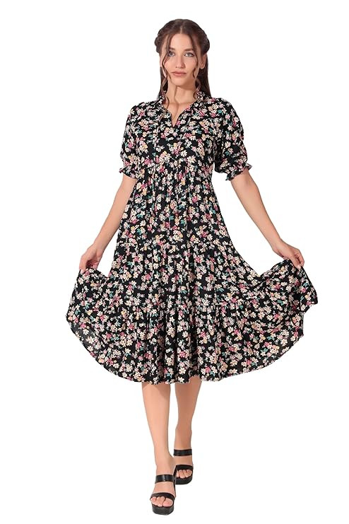 Seryeon® Women's Viscose Tie-up Neck Puff Sleeve A-line, One Piece Midi Dress for Women Stylish Western Printed Dress